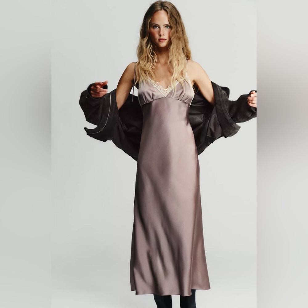 Zara Elegant Satin Slip Dress Lace Lingerie Liliac Maxi Evening Party XS